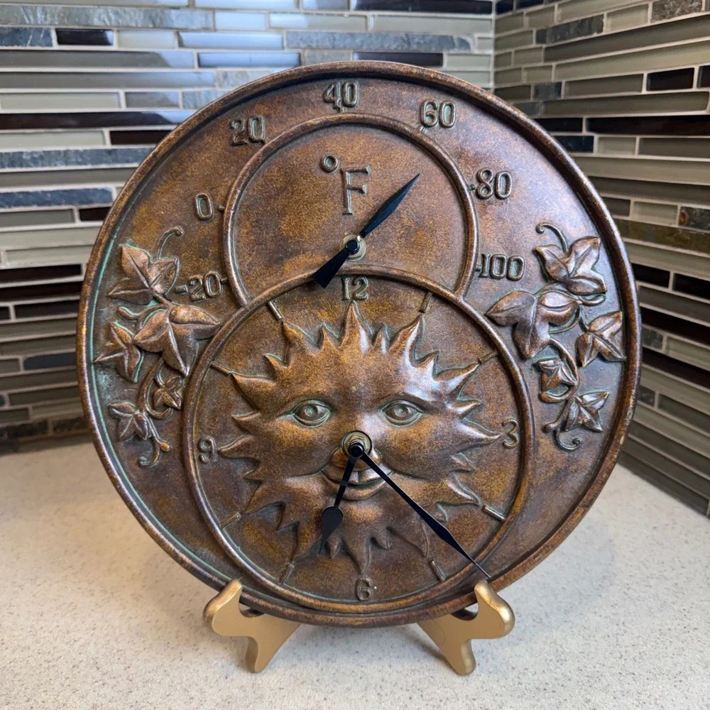 Bronze Sun Face Wall Clock & Thermometer Celestial Indoor/Outdoor Decor 11.5